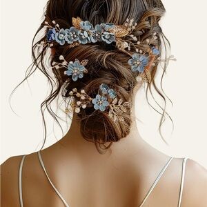 Azazie Blue and Gold Floral Hairpiece-New & not used